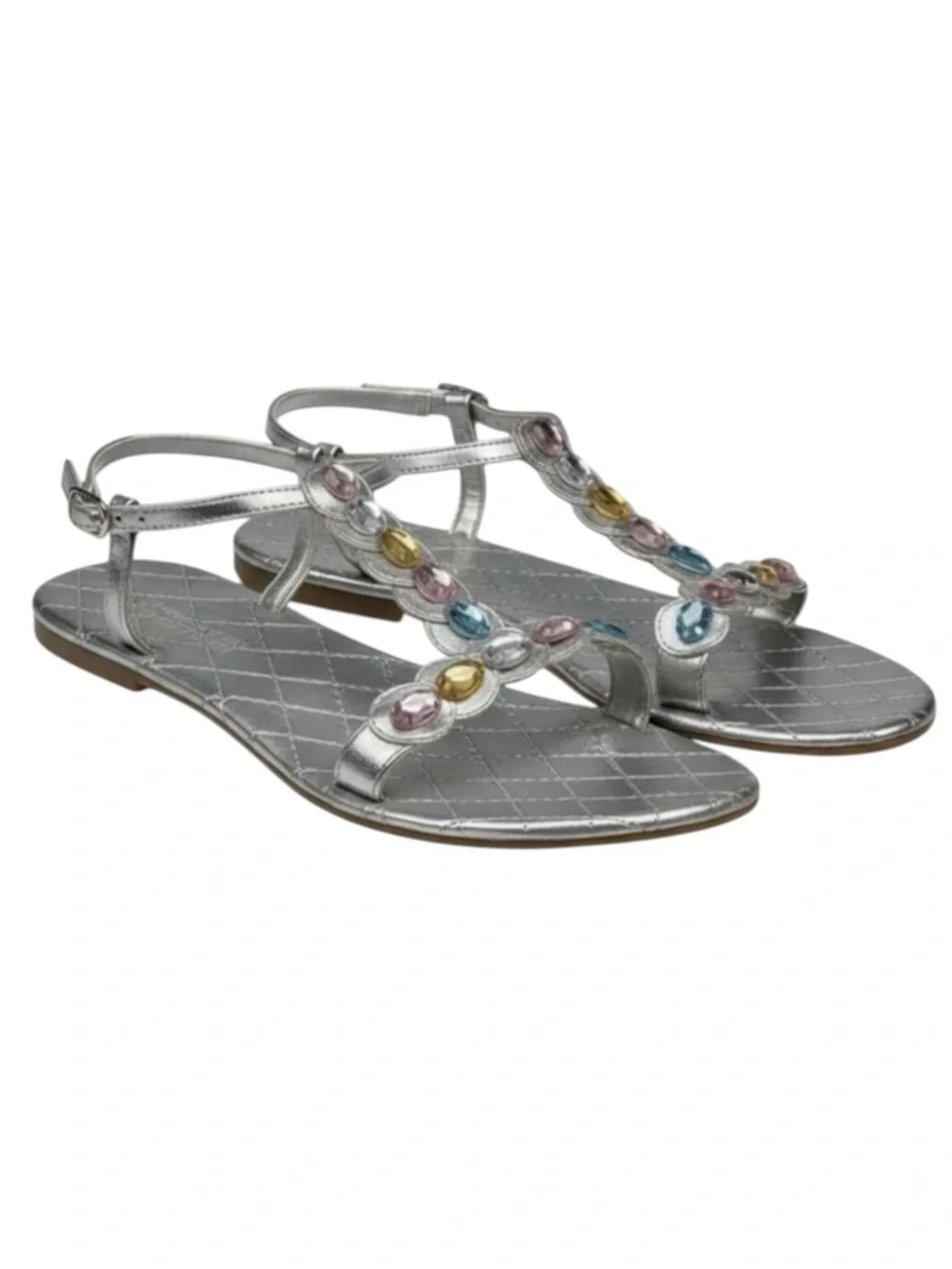 Reaction Kenneth Cole 𖦹 Crystal T Strap Flat Sandals 𖦹 Silver + Crystals 𖦹 2M